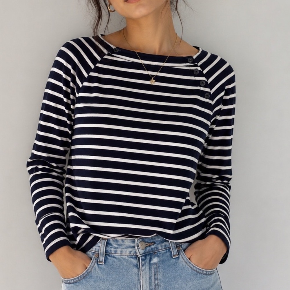 Gap Womens Navy Blue White Striped Button Shoulder Raglan Long Sleeve Top L gf